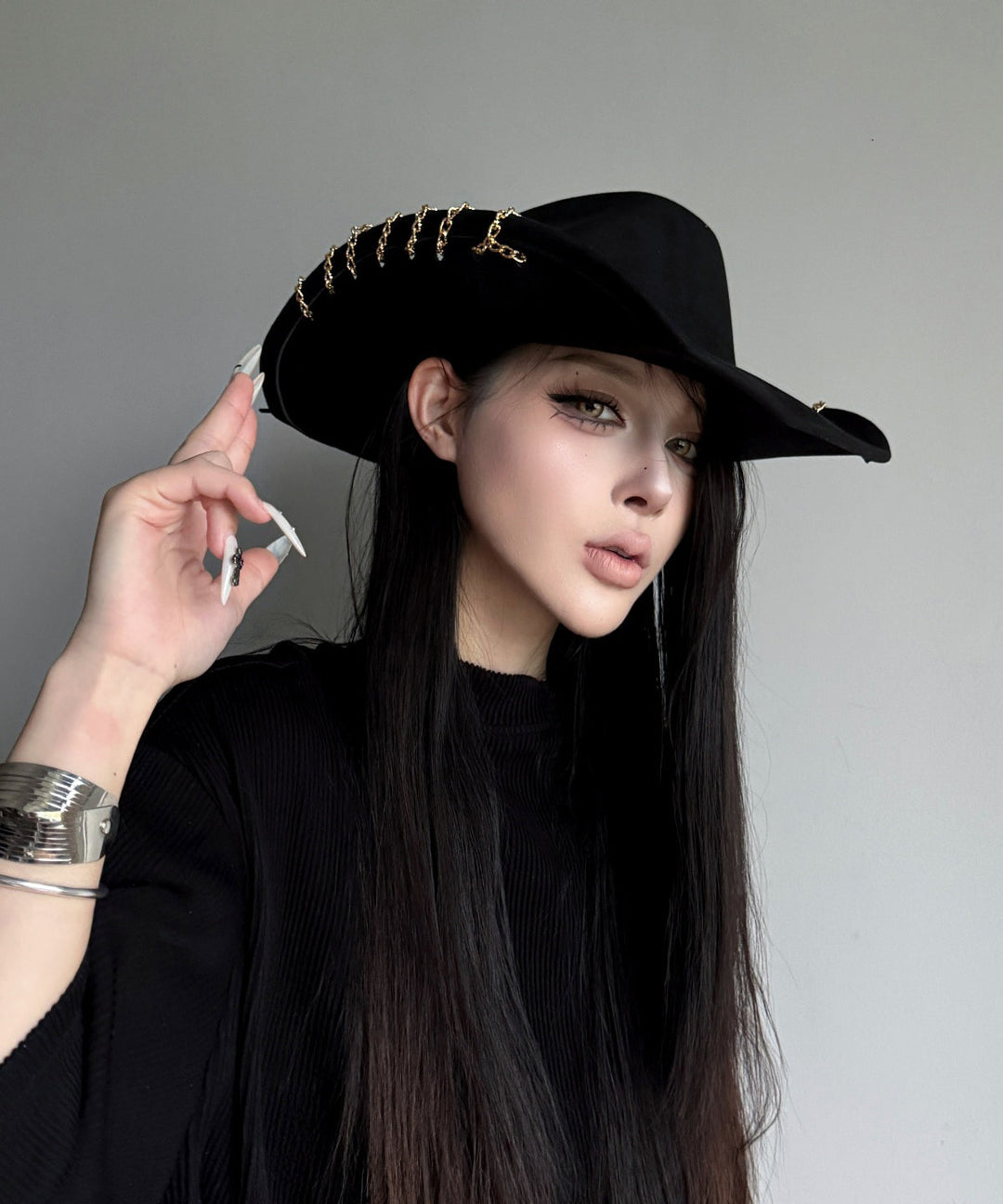 Gothic Style Black Chain Edge Suede Cowboy Hat