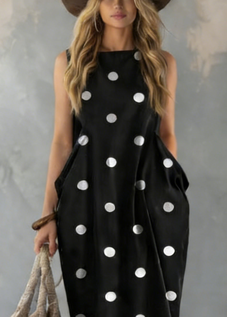 Grace Black Dot Print Pockets Long Dresses Sleeveless