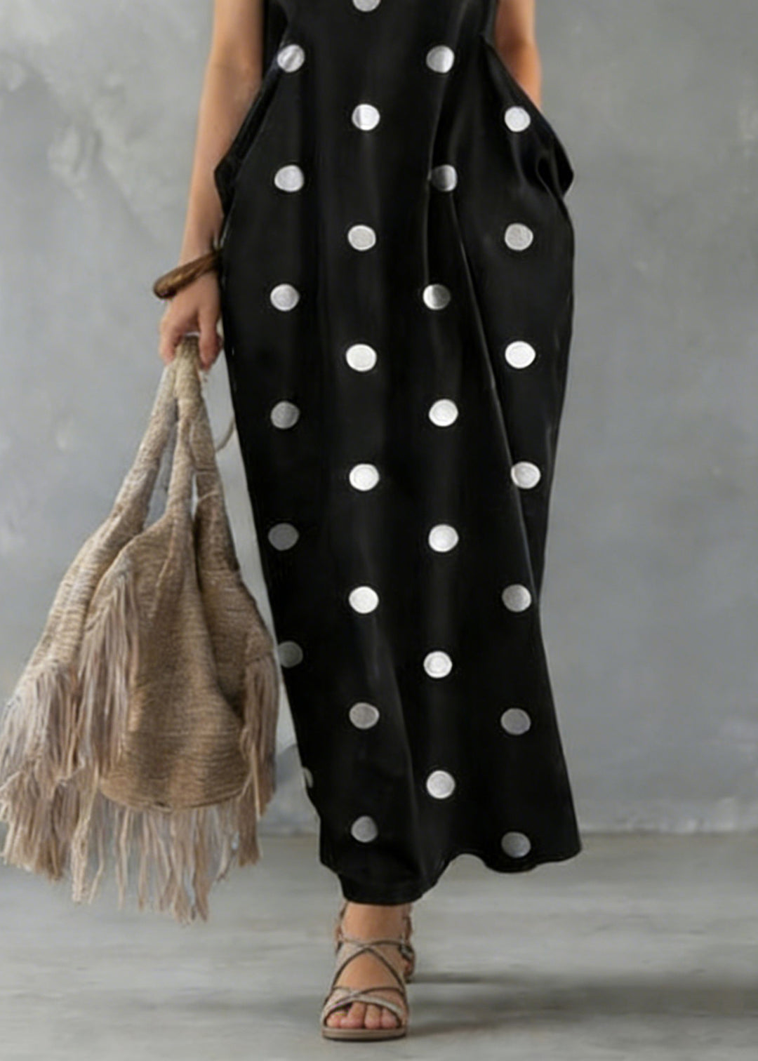 Grace Black Dot Print Pockets Long Dresses Sleeveless