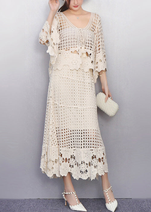 Graceful Beige Hollow Out Crochet Lace Two Pieces Set Fall