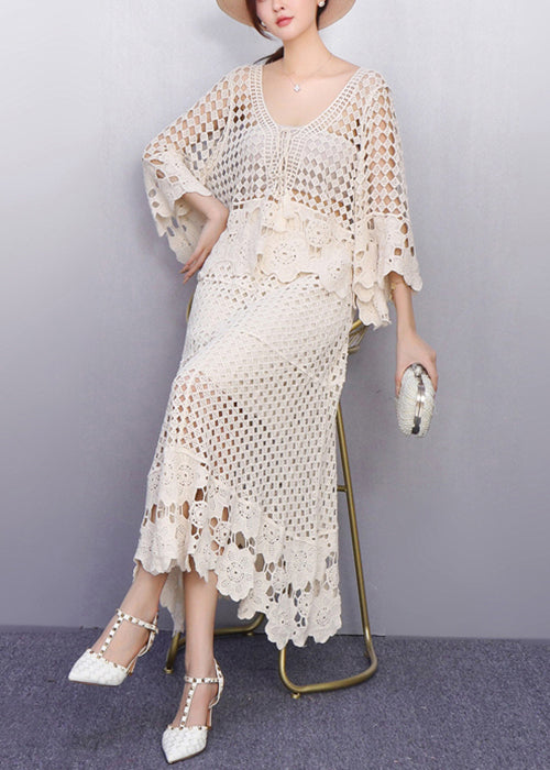 Graceful Beige Hollow Out Crochet Lace Two Pieces Set Fall