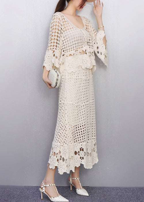 Graceful Beige Hollow Out Crochet Lace Two Pieces Set Fall