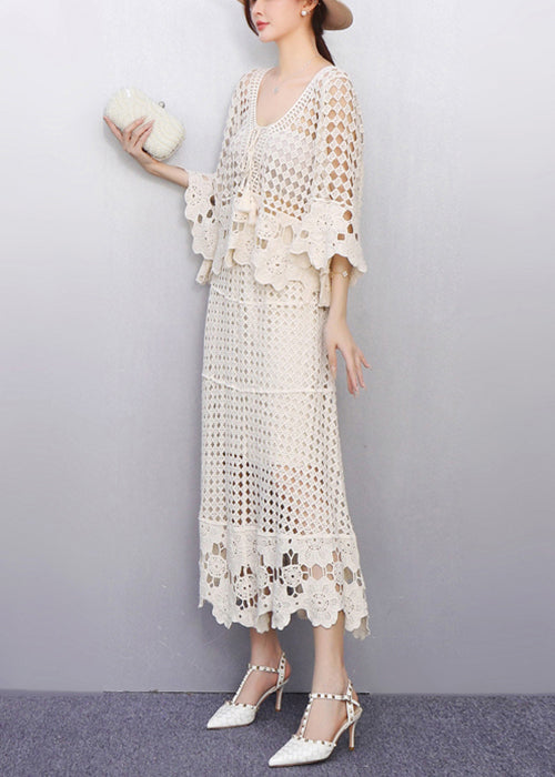 Graceful Beige Hollow Out Crochet Lace Two Pieces Set Fall