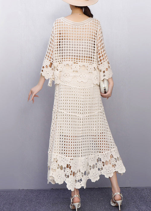 Graceful Beige Hollow Out Crochet Lace Two Pieces Set Fall