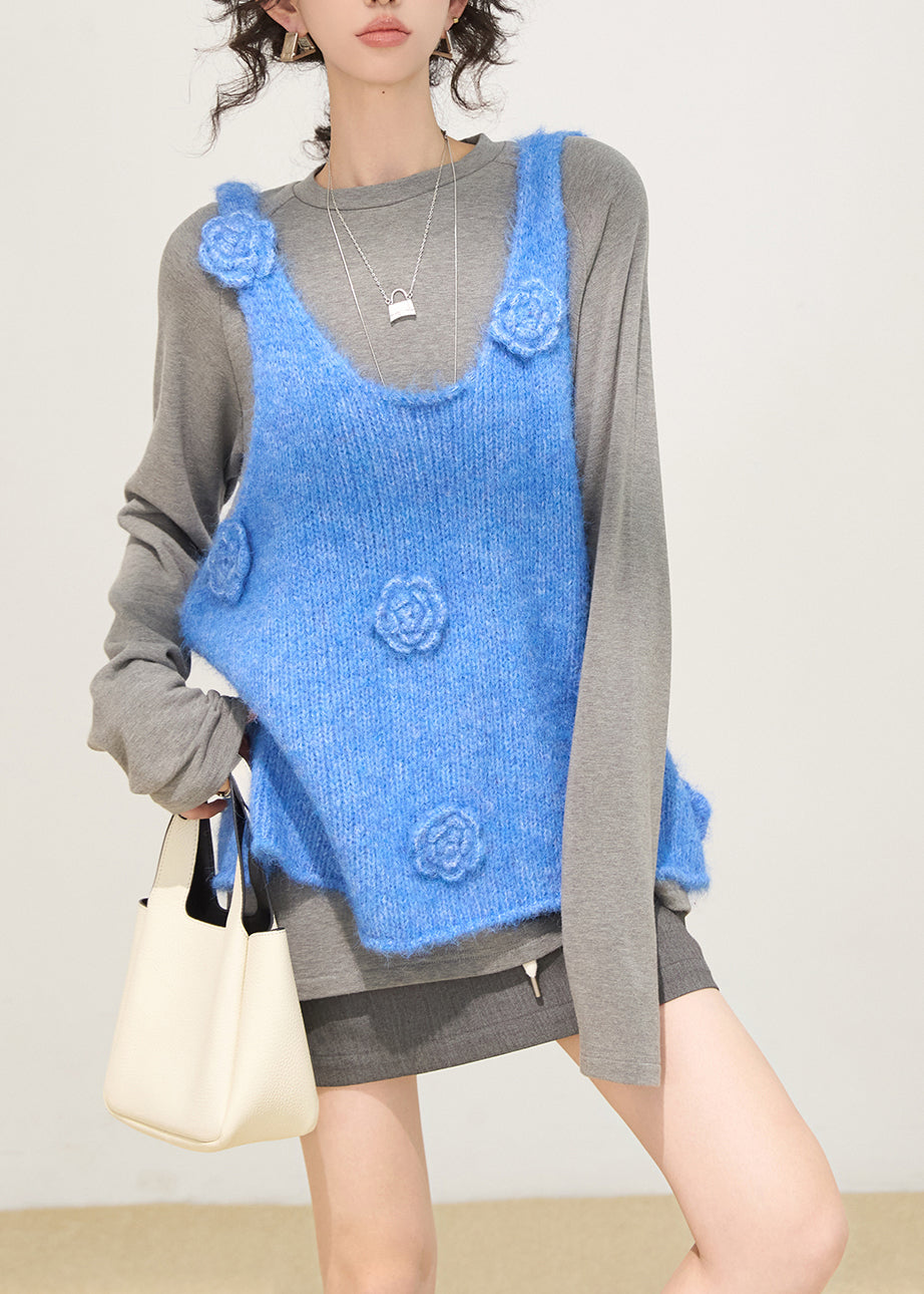 Gradient Blue Floral Knit Vests Oversized Winter