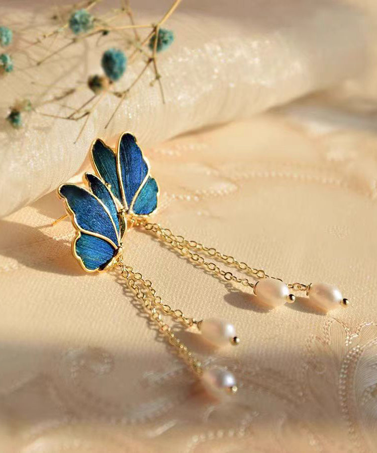 Gradient Color Blue Copper Overgild Pearl Tassel Butterfly Drop Earrings