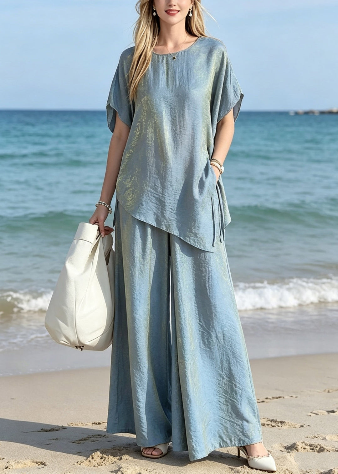 Gradient Color Blue O-Neck Silk T Shirts And Wide Leg Pants Two Pieces Set Short Sleeve