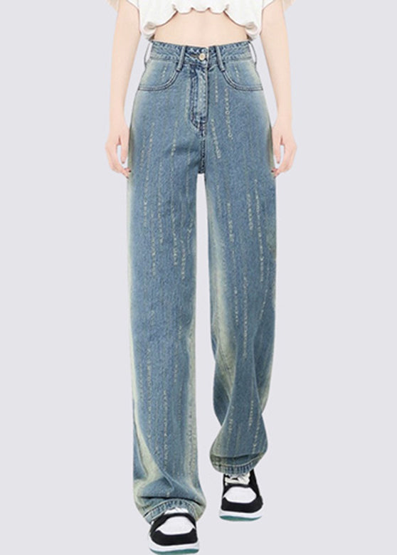 Gradient Color Blue Pockets Patchwork High Waist Straight Jeans