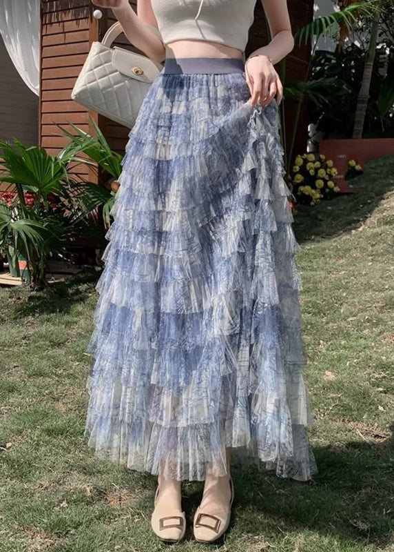 Gradient Color Blue Tie Dye Tulle Maxi Cake Skirt Summer