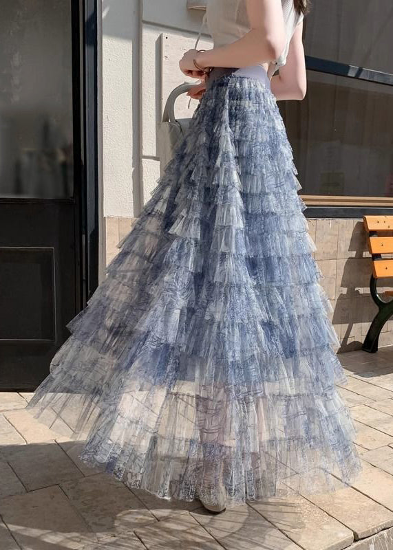 Gradient Color Blue Tie Dye Tulle Maxi Cake Skirt Summer
