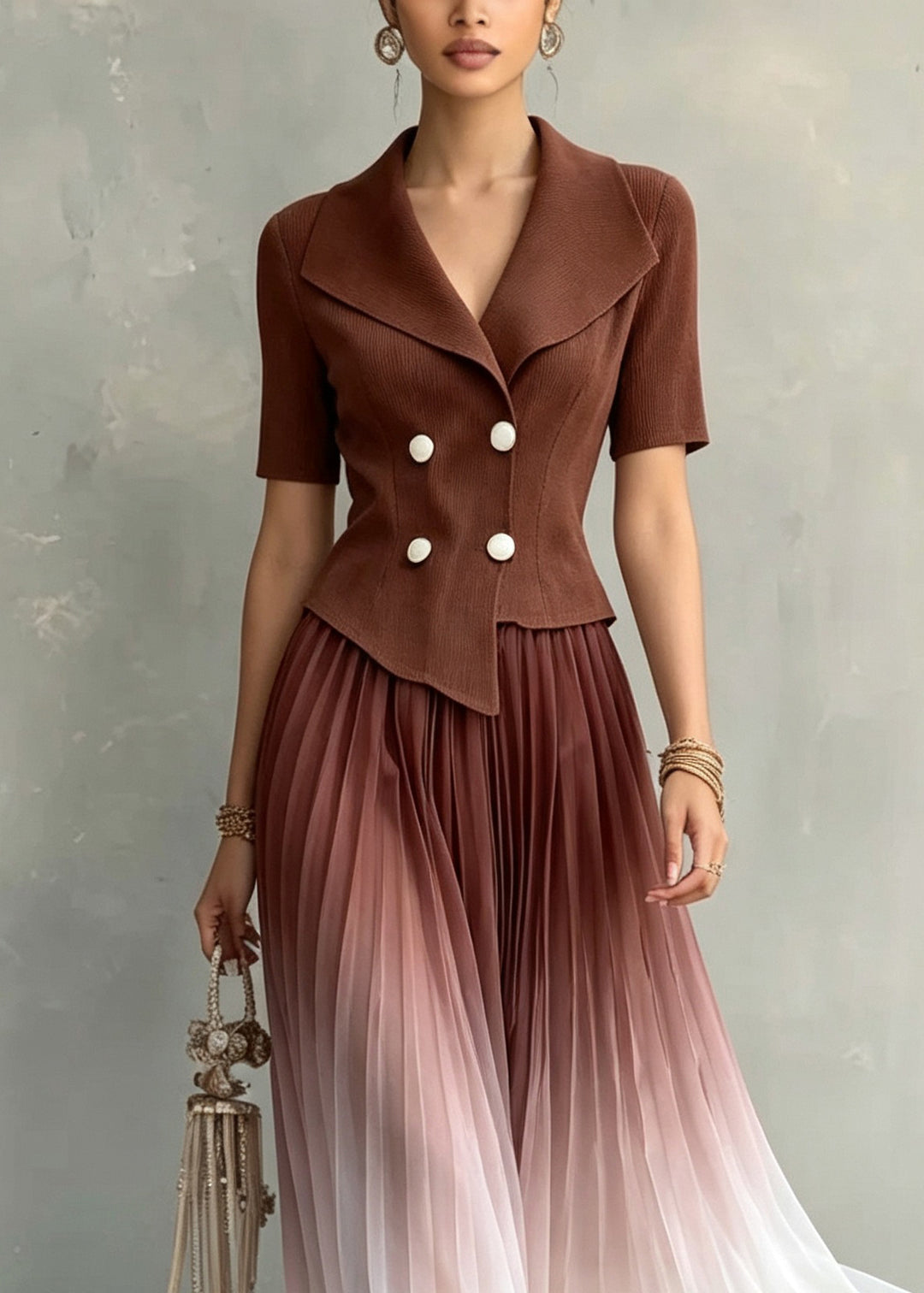 Gradient Color Coffee Notched Patchwork Maxi Dresses Short Sleeve