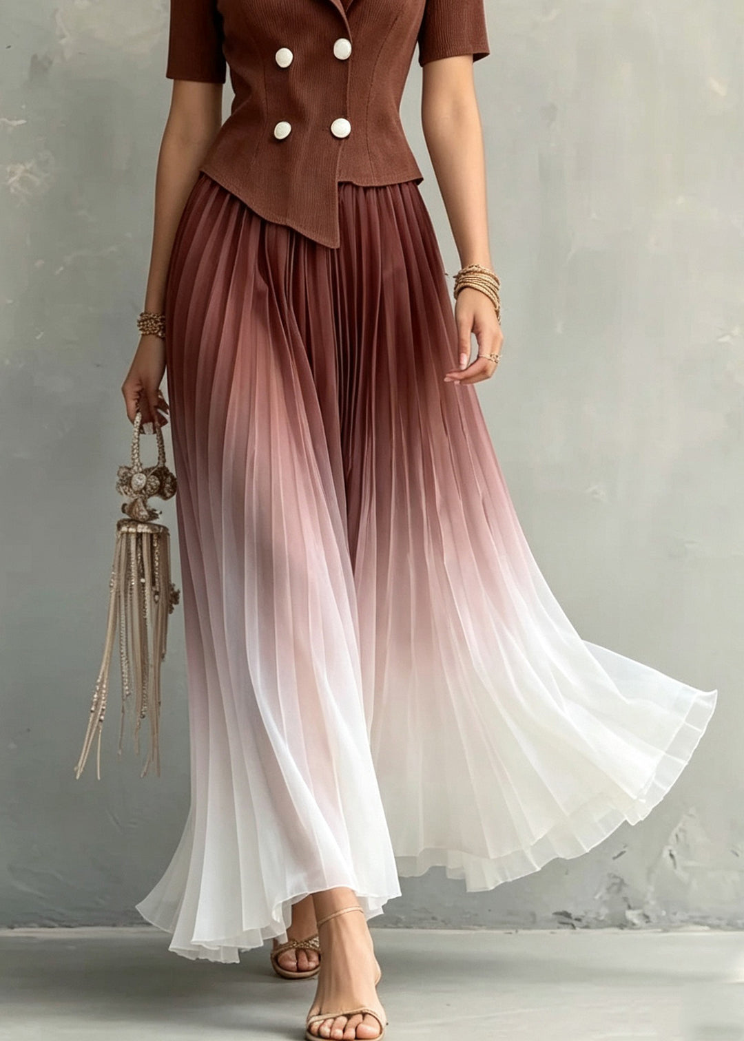Gradient Color Coffee Notched Patchwork Maxi Dresses Short Sleeve