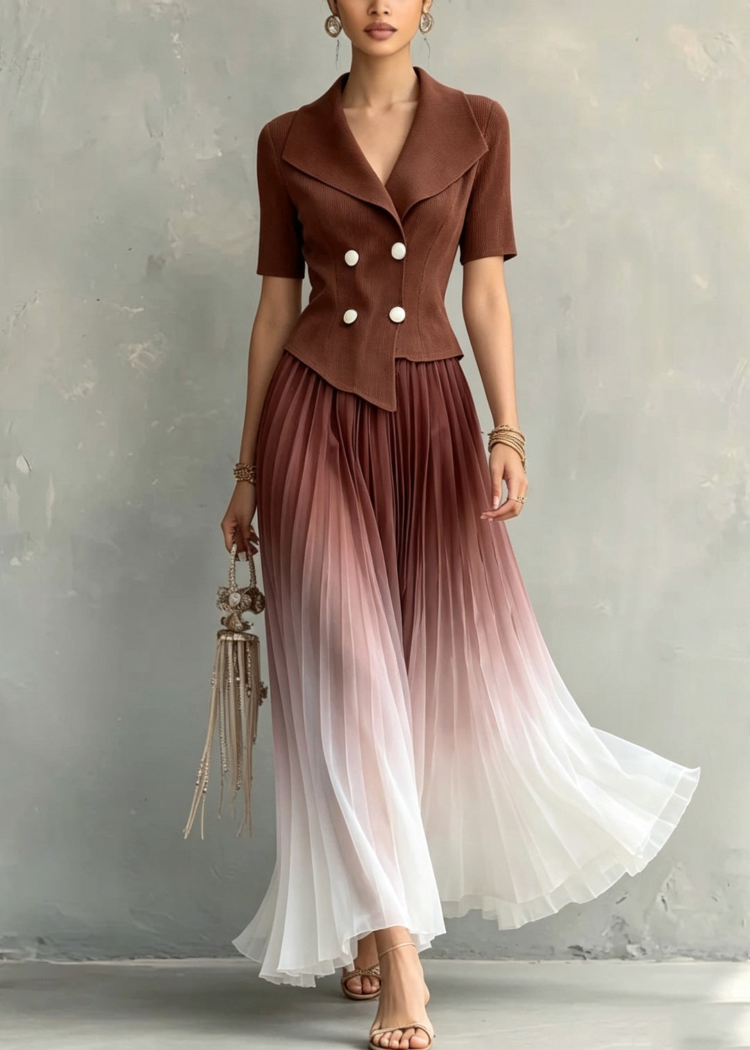 Gradient Color Coffee Notched Patchwork Maxi Dresses Short Sleeve