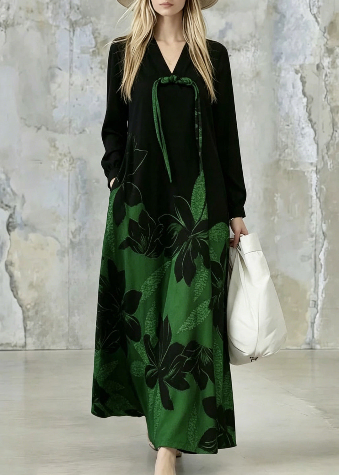 Gradient Color Green Print Pockets Tassel Maxi Dresses Fall