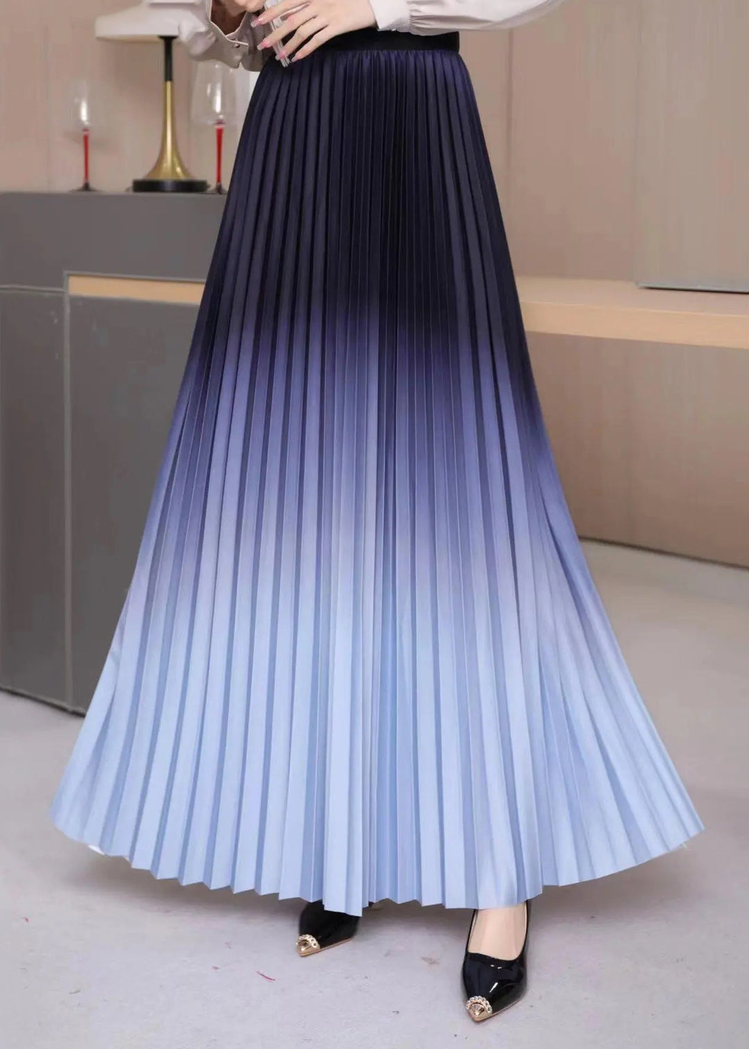 Gradient Color Grey Blue High Waist Pleated Skirts