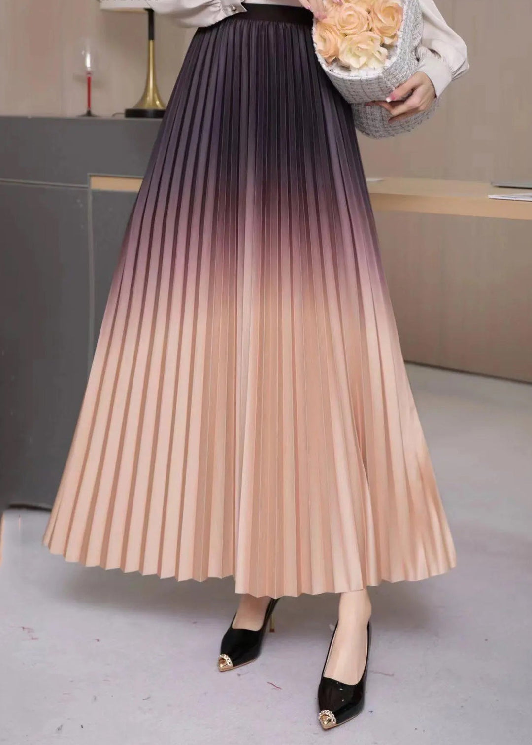 Gradient Color Grey Blue High Waist Pleated Skirts