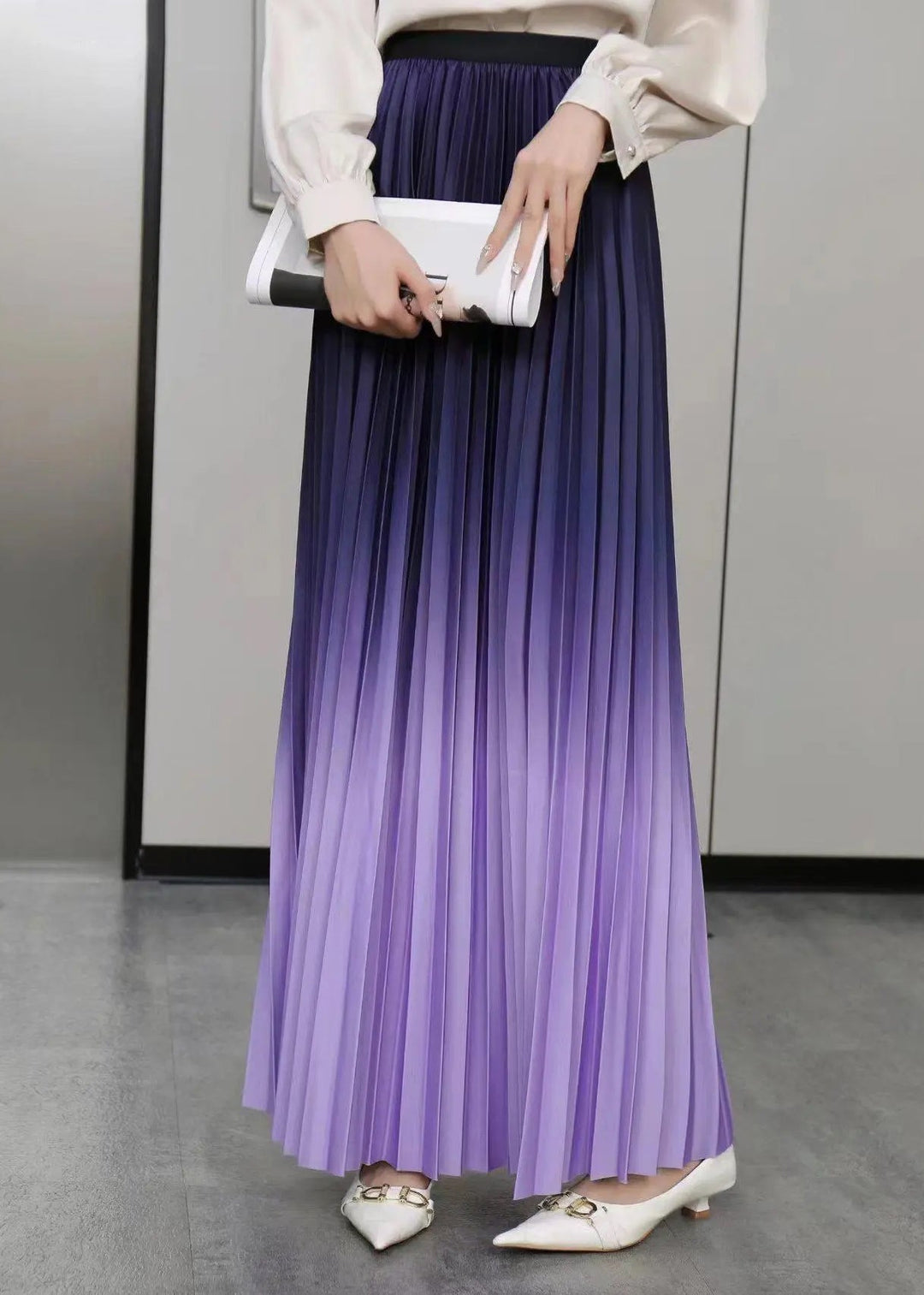 Gradient Color Grey Blue High Waist Pleated Skirts