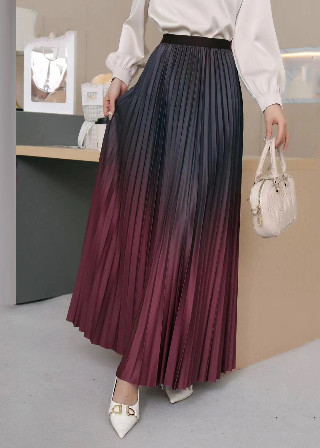 Gradient Color Grey Blue High Waist Pleated Skirts