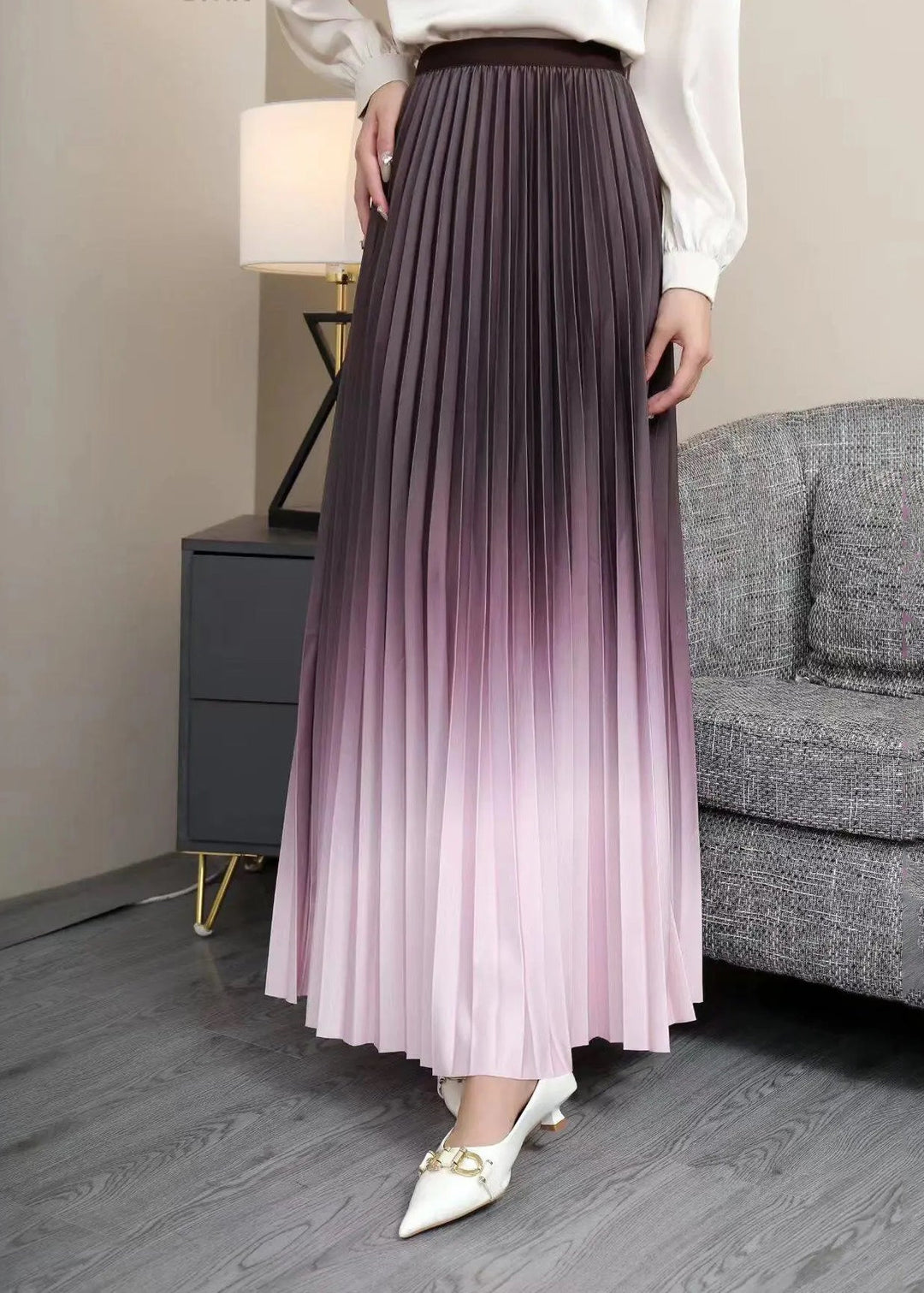 Gradient Color Grey Blue High Waist Pleated Skirts