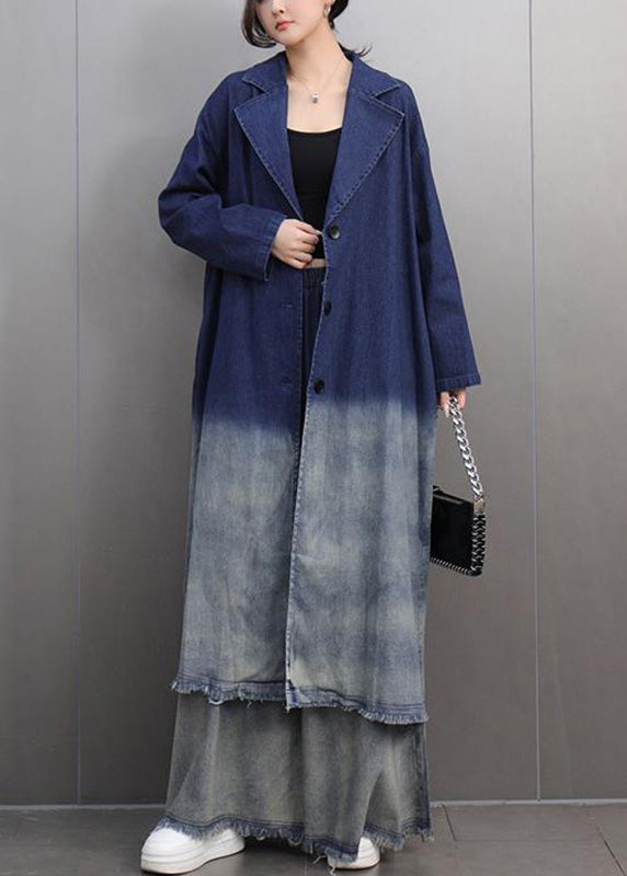 Gradient Color Navy Notched Denim Long Trench Coats And Wide Leg Pants Two Pieces Set Fall