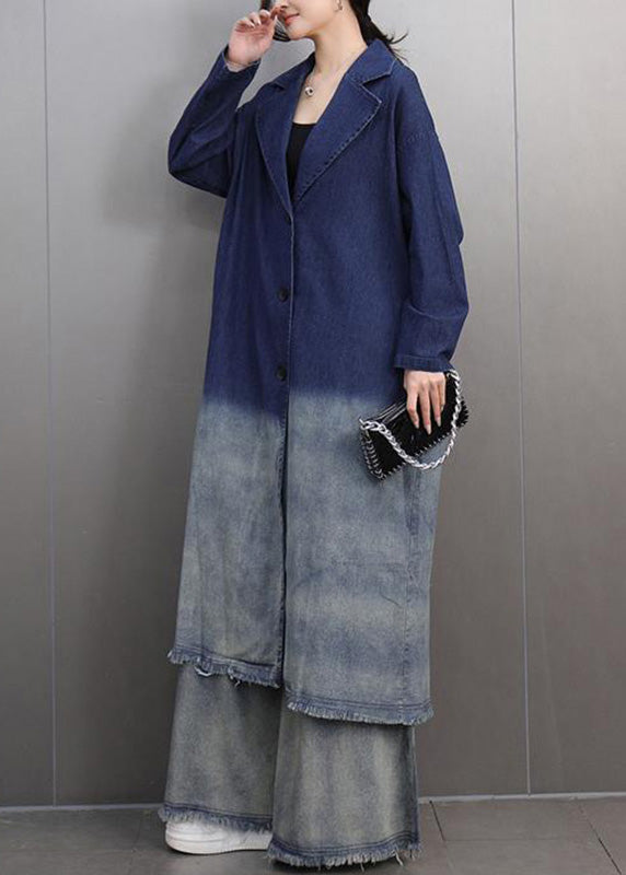 Gradient Color Navy Notched Denim Long Trench Coats And Wide Leg Pants Two Pieces Set Fall