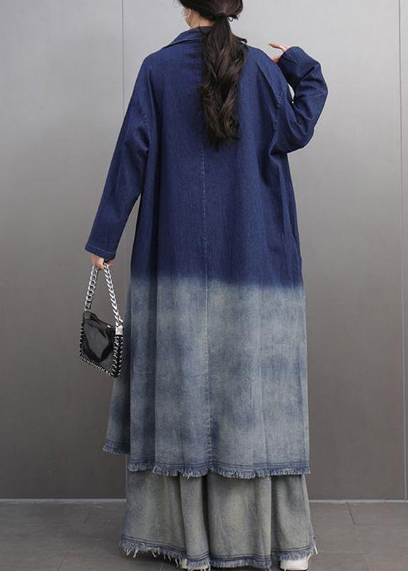 Gradient Color Navy Notched Denim Long Trench Coats And Wide Leg Pants Two Pieces Set Fall