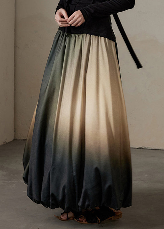 Gradient Color Patchwork Elastic Waist Silk Cotton Maxi Skirt Fall