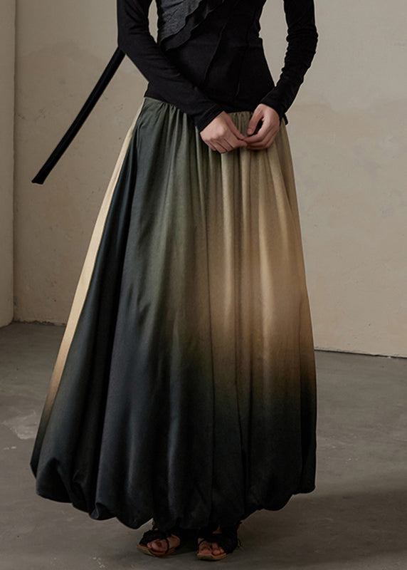 Gradient Color Patchwork Elastic Waist Silk Cotton Maxi Skirt Fall