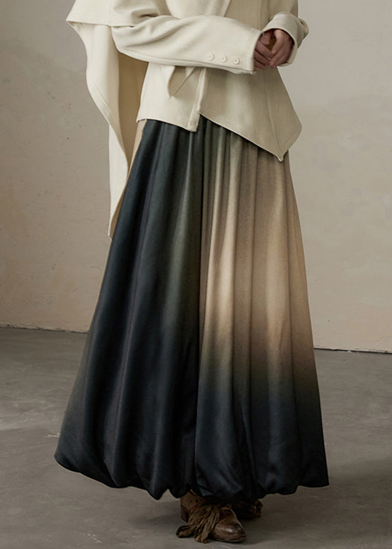 Gradient Color Patchwork Elastic Waist Silk Cotton Maxi Skirt Fall