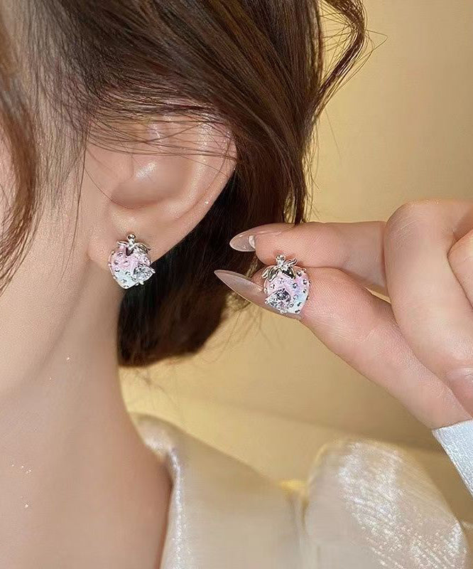 Gradient Color Pink Alloy Zircon Strawberry Stud Earrings