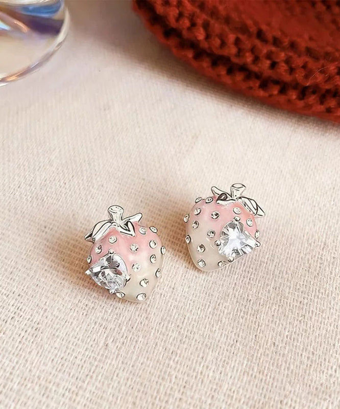 Gradient Color Pink Alloy Zircon Strawberry Stud Earrings