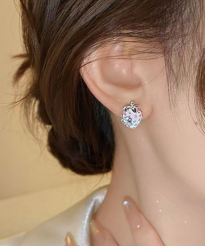 Gradient Color Pink Alloy Zircon Strawberry Stud Earrings