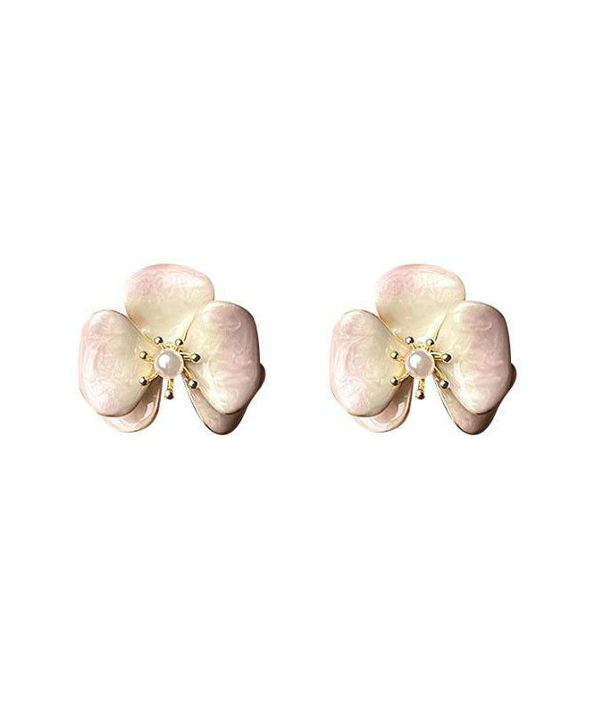 Gradient Color Pink Copper Overgild Pearl Floral Stud Earrings