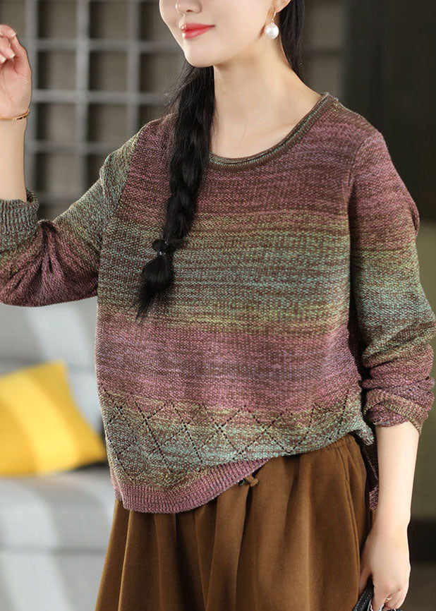 Gradient Color Pink O-Neck Hollow Out Cotton Knit Sweaters Long Sleeve