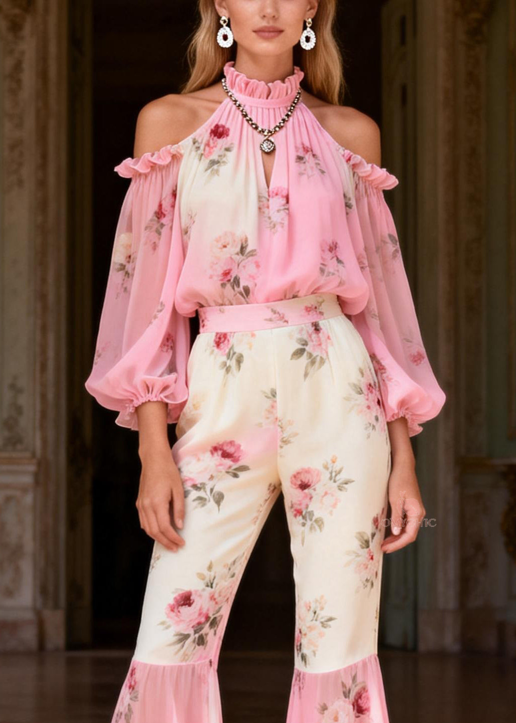 Gradient Color Pink Turtleneck Print Chiffon Shirts And Flared Trousers Two Pieces Set Spring