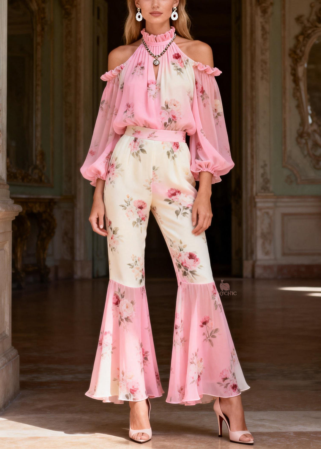 Gradient Color Pink Turtleneck Print Chiffon Shirts And Flared Trousers Two Pieces Set Spring