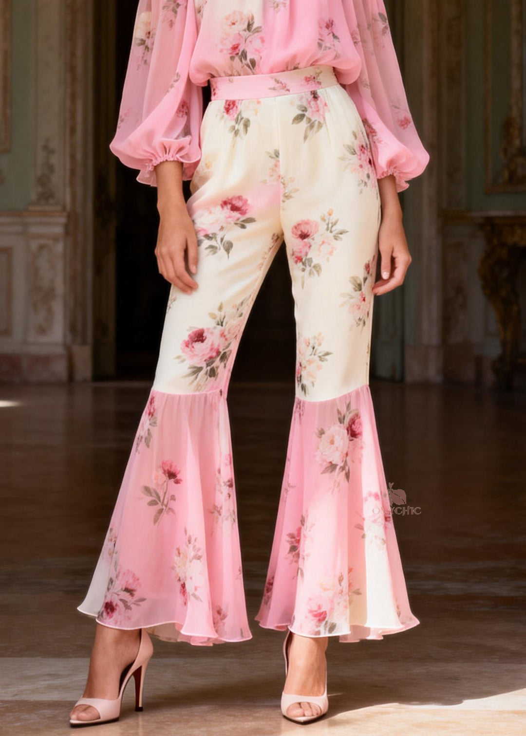 Gradient Color Pink Turtleneck Print Chiffon Shirts And Flared Trousers Two Pieces Set Spring