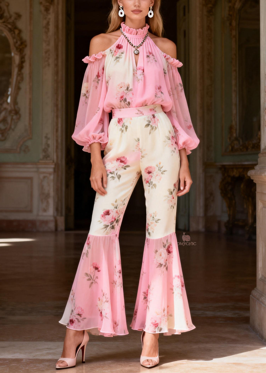 Gradient Color Pink Turtleneck Print Chiffon Shirts And Flared Trousers Two Pieces Set Spring
