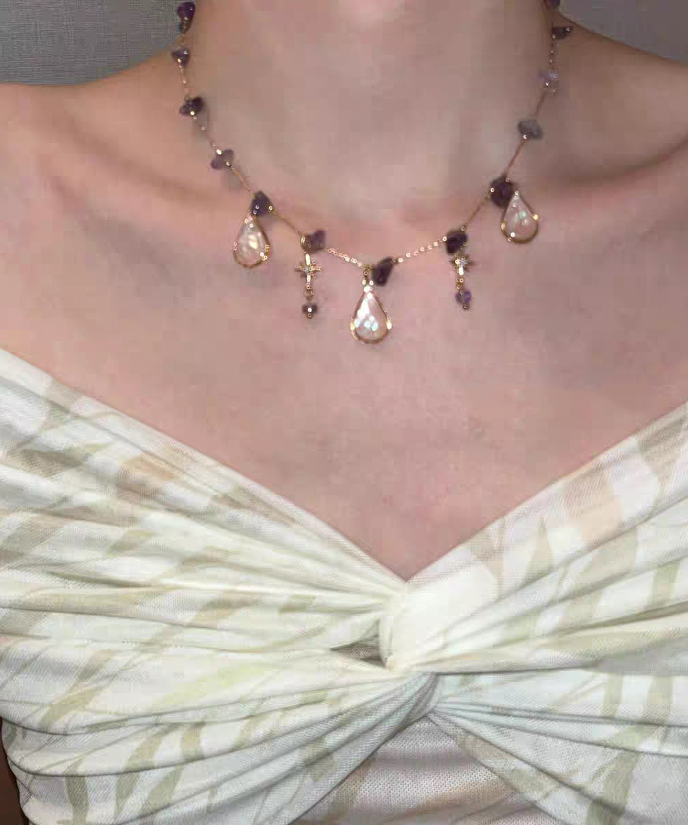Gradient Color Purple Copper Overgild Crystal Star Water Droplet Pendant Necklace