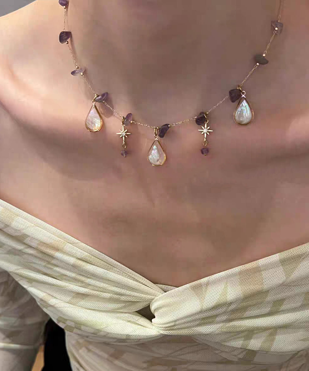 Gradient Color Purple Copper Overgild Crystal Star Water Droplet Pendant Necklace