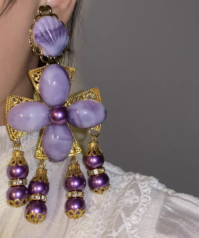 Gradient Color Purple Sterling Silver Overgild Floral Shell Tassel Drop Earrings