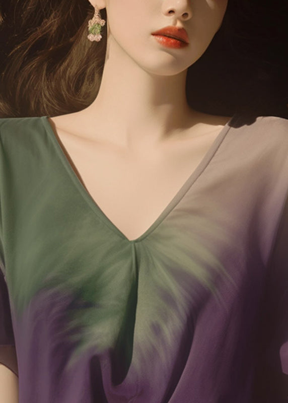 Gradient Color Purple V Neck Chiffon T Shirt Summer