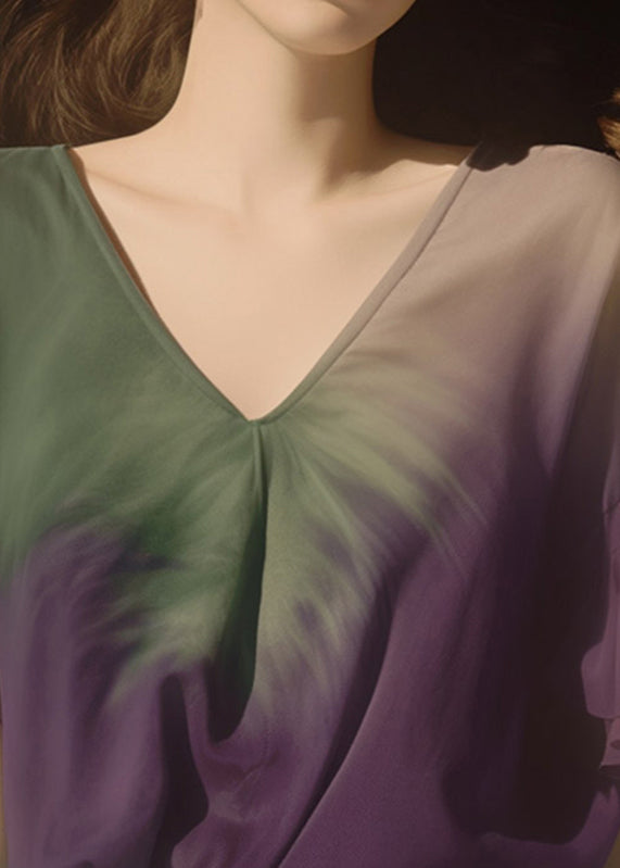 Gradient Color Purple V Neck Chiffon T Shirt Summer