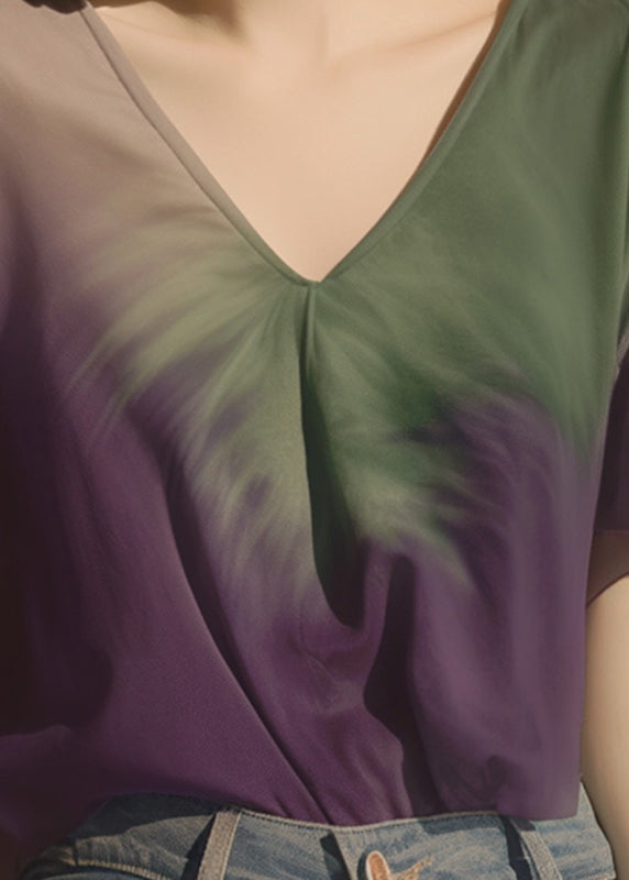 Gradient Color Purple V Neck Chiffon T Shirt Summer