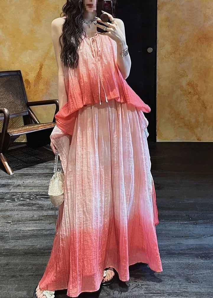 Gradient Color Red Halter Maxi Spaghetti Strap Sundress Sleeveless