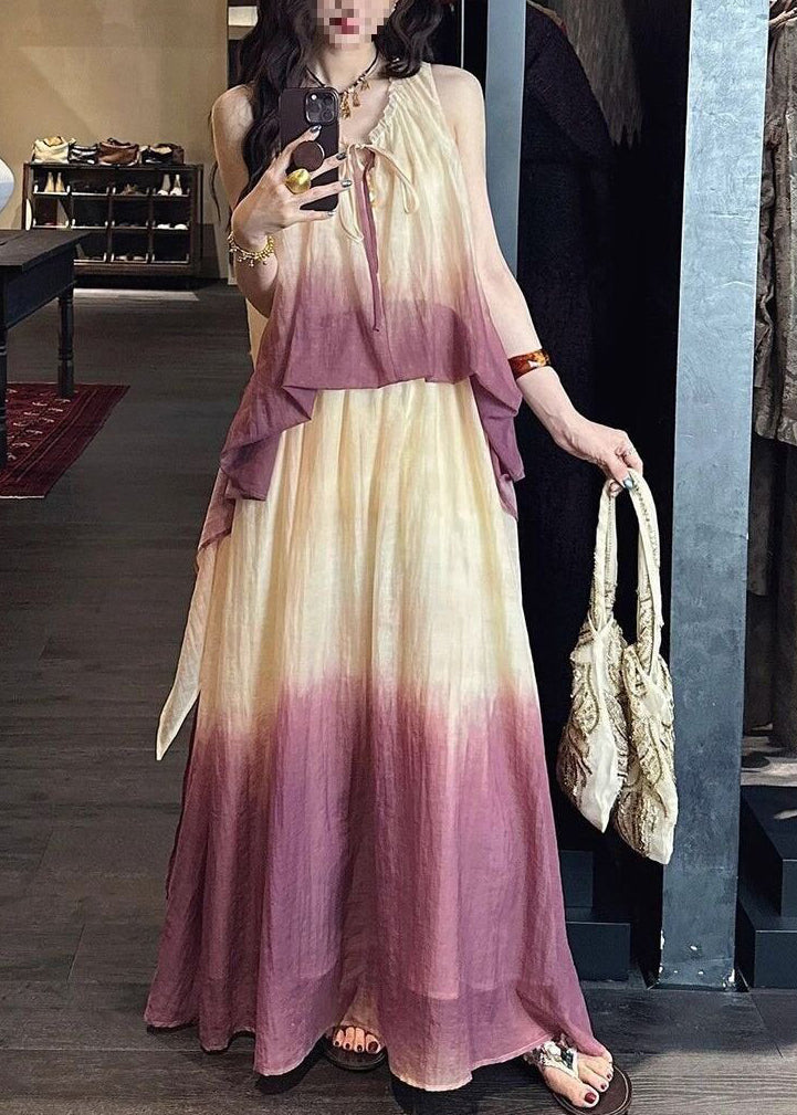 Gradient Color Red Halter Maxi Spaghetti Strap Sundress Sleeveless