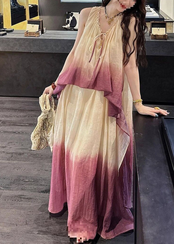 Gradient Color Red Halter Maxi Spaghetti Strap Sundress Sleeveless