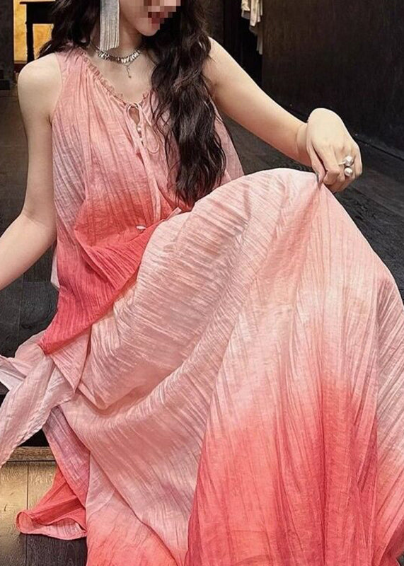 Gradient Color Red Halter Maxi Spaghetti Strap Sundress Sleeveless