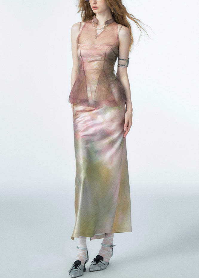 Gradient Color Side Open Silk Spaghetti Strap Dress Cold Shoulder Summer