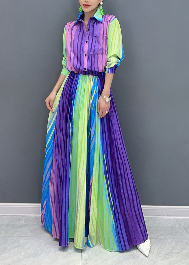 Gradient Color Striped Cotton Women Pleated Sets 2 Pieces Fall
